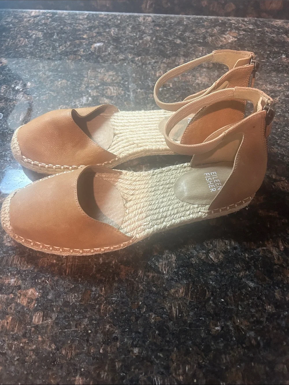 Eileen Fisher Tan Leather Espadrille Ankle-Strap Wedges